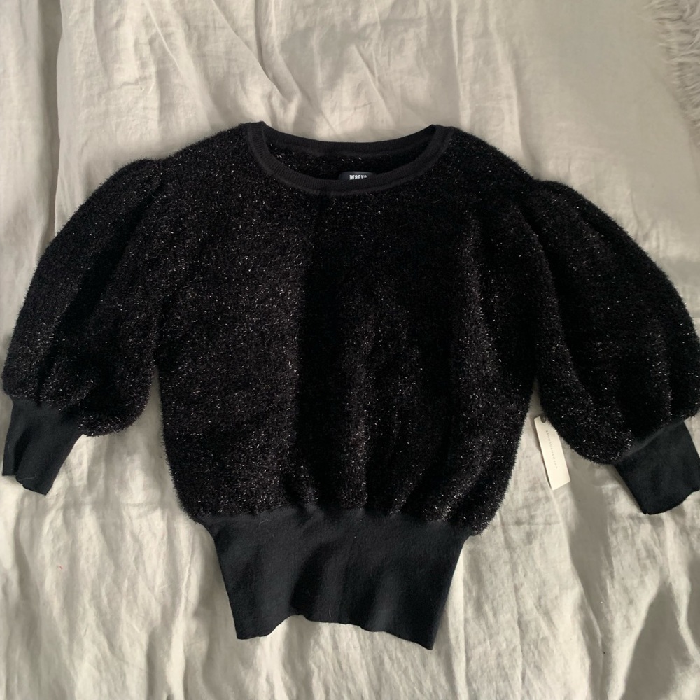 Anthropologie NWT Maeve Black Sparkle Dolman, Cropped, Puff Sleeve Top XS